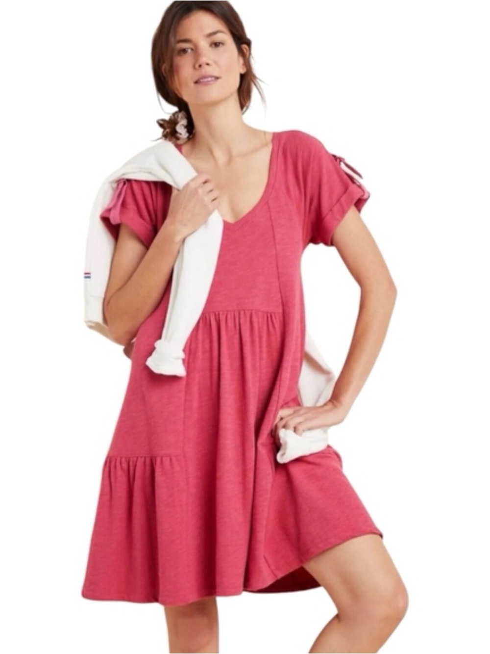 Saturday Sunday Anthro Kathie Flounce Tiered V-Neck Babydoll Pink Raglan Dress